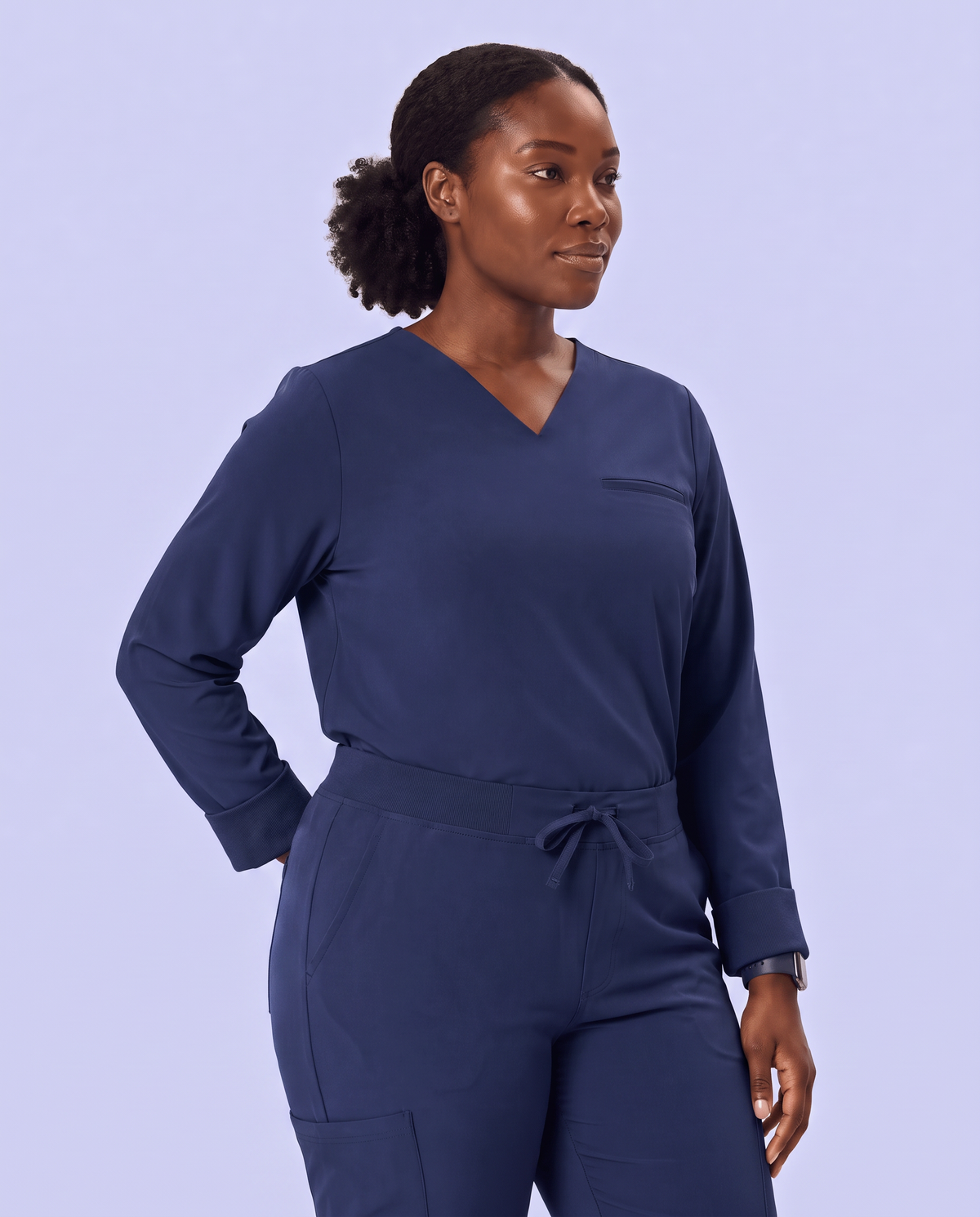 Long-Sleeve One-Pocket V-neck Top Navy