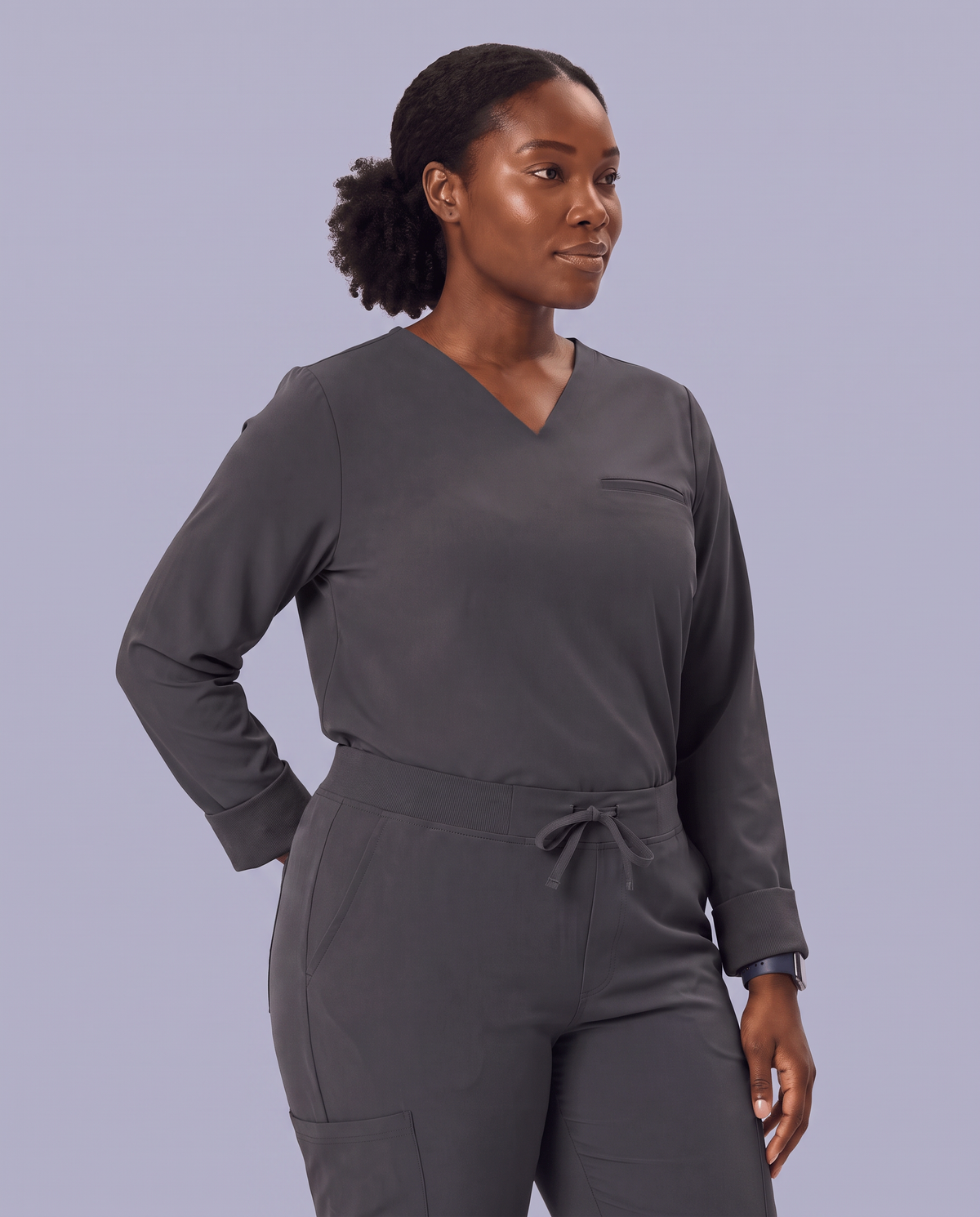 Long-Sleeve One-Pocket V-neck Top Pewter