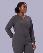 Long-Sleeve One-Pocket V-neck Top Pewter