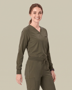 Long-Sleeve One-Pocket V-neck Top Olive