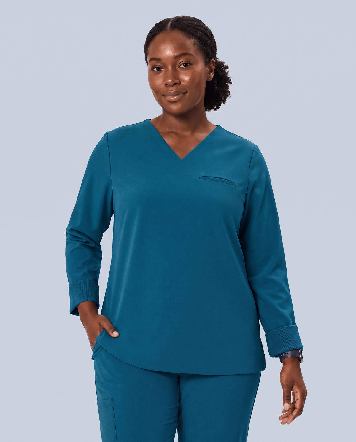 Long-Sleeve One-Pocket V-neck Top Caribbean Blue