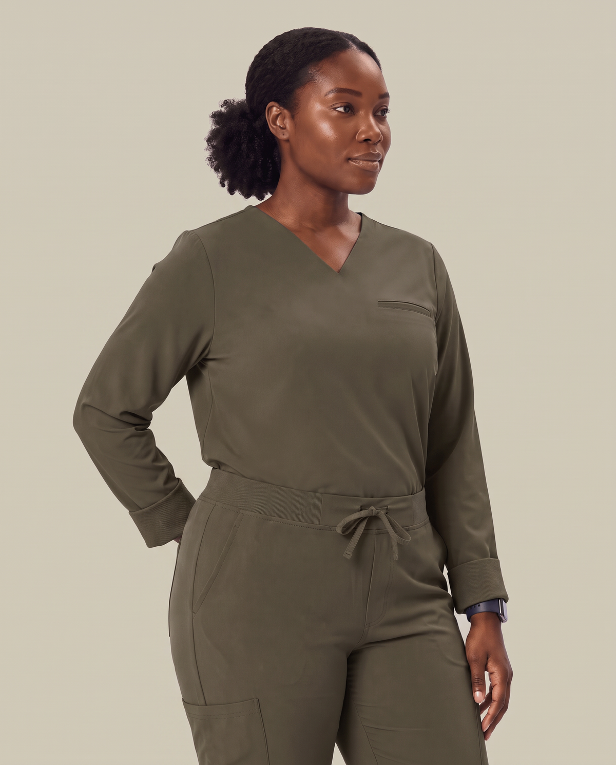 Long-Sleeve One-Pocket V-neck Top Olive