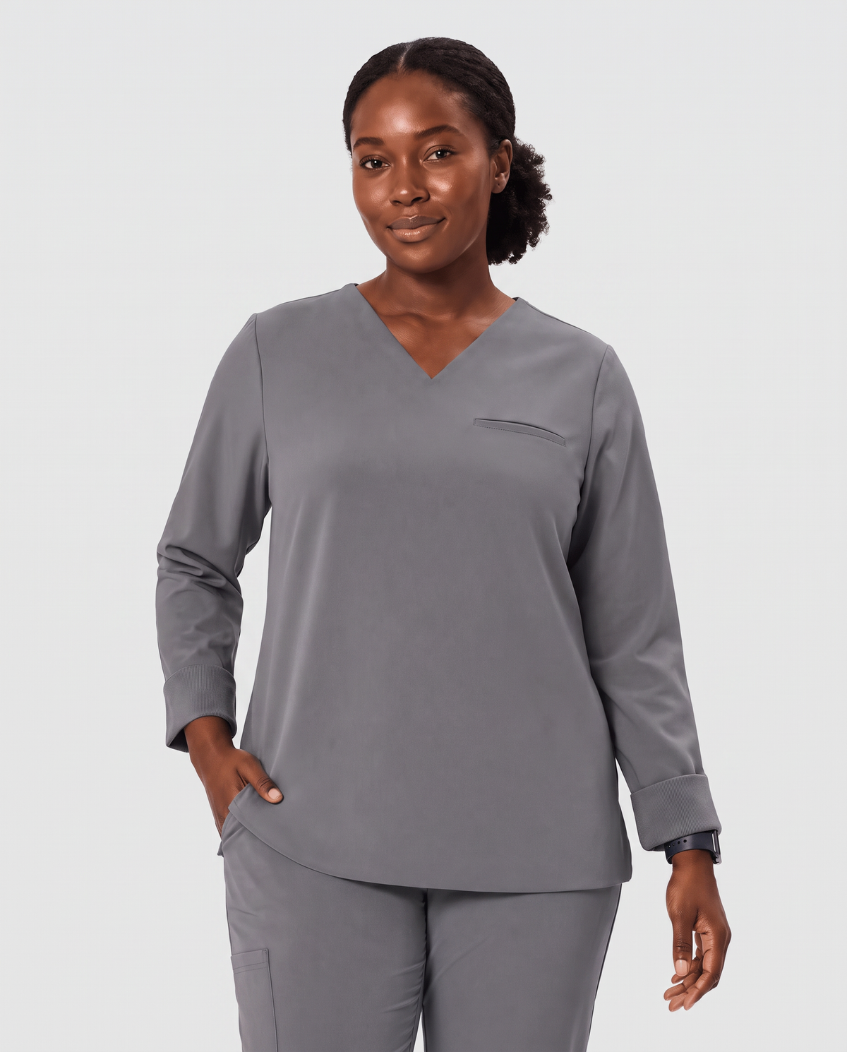 Long-Sleeve One-Pocket V-neck Top Heather Gray