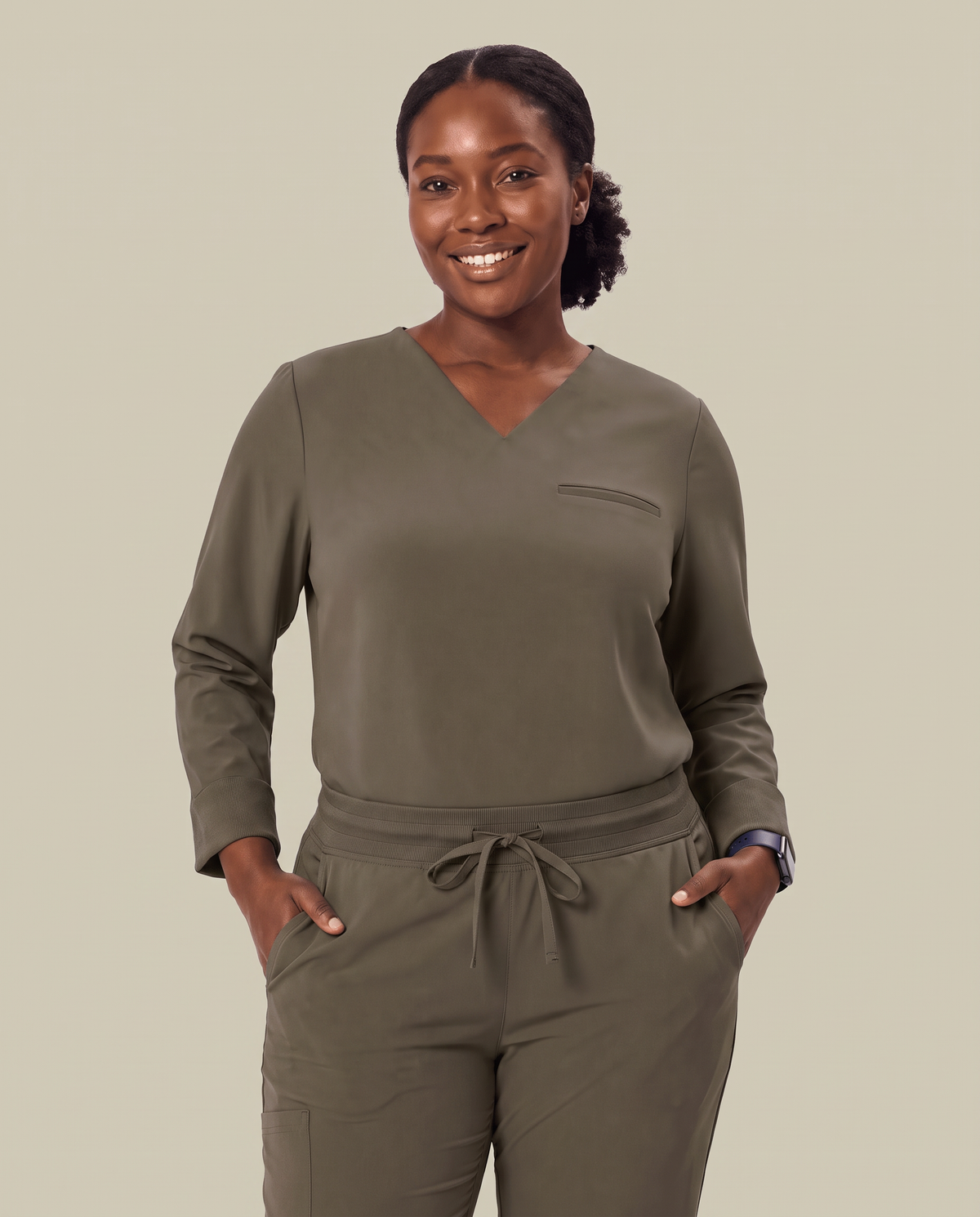 Long-Sleeve One-Pocket V-neck Top Olive