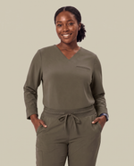 Long-Sleeve One-Pocket V-neck Top Olive
