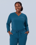 Long-Sleeve One-Pocket V-neck Top Caribbean Blue