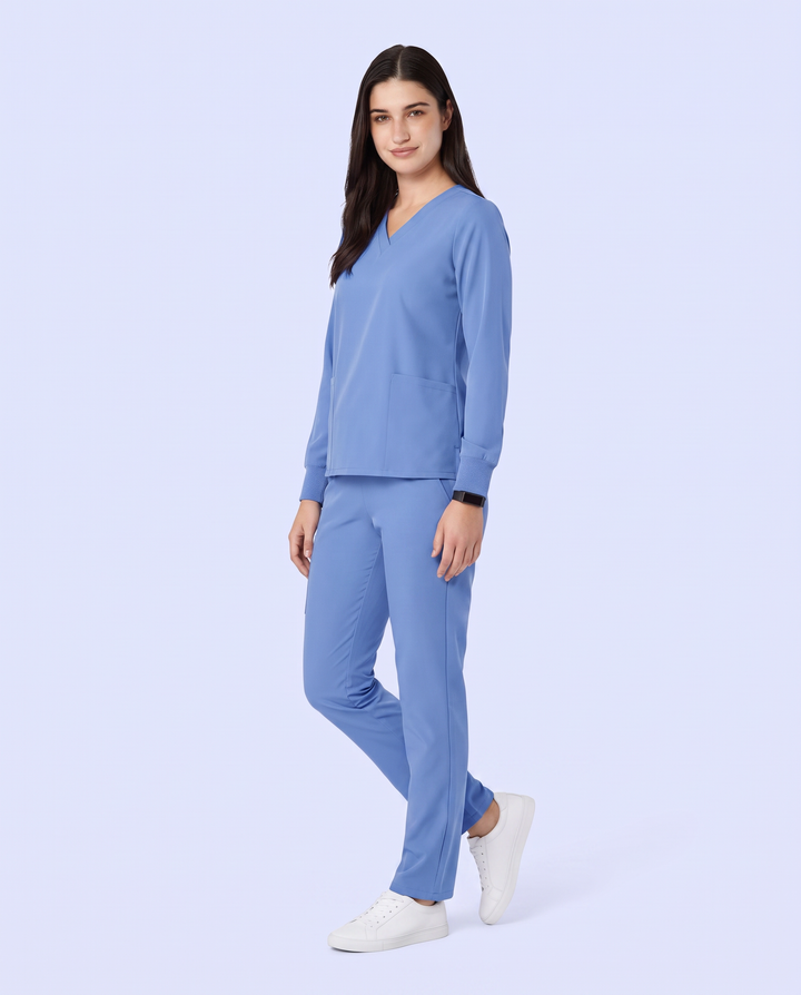 Long-Sleeve 6-Pocket V-neck Top Ceil Blue