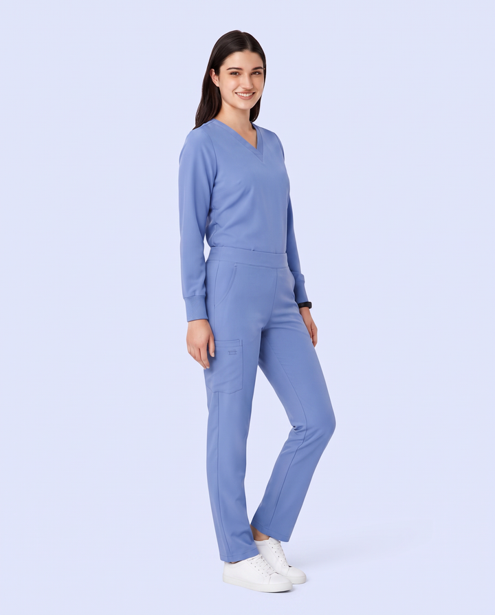 Long-Sleeve 6-Pocket V-neck Top Ceil Blue