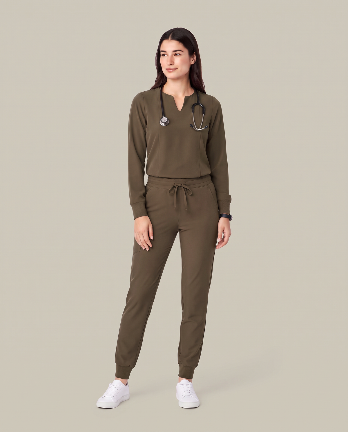 Long-Sleeve Notch Neck Top Olive