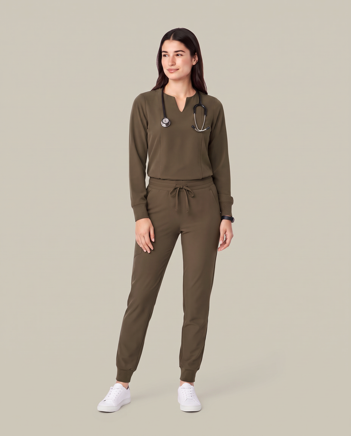 Long-Sleeve Notch Neck Top Olive