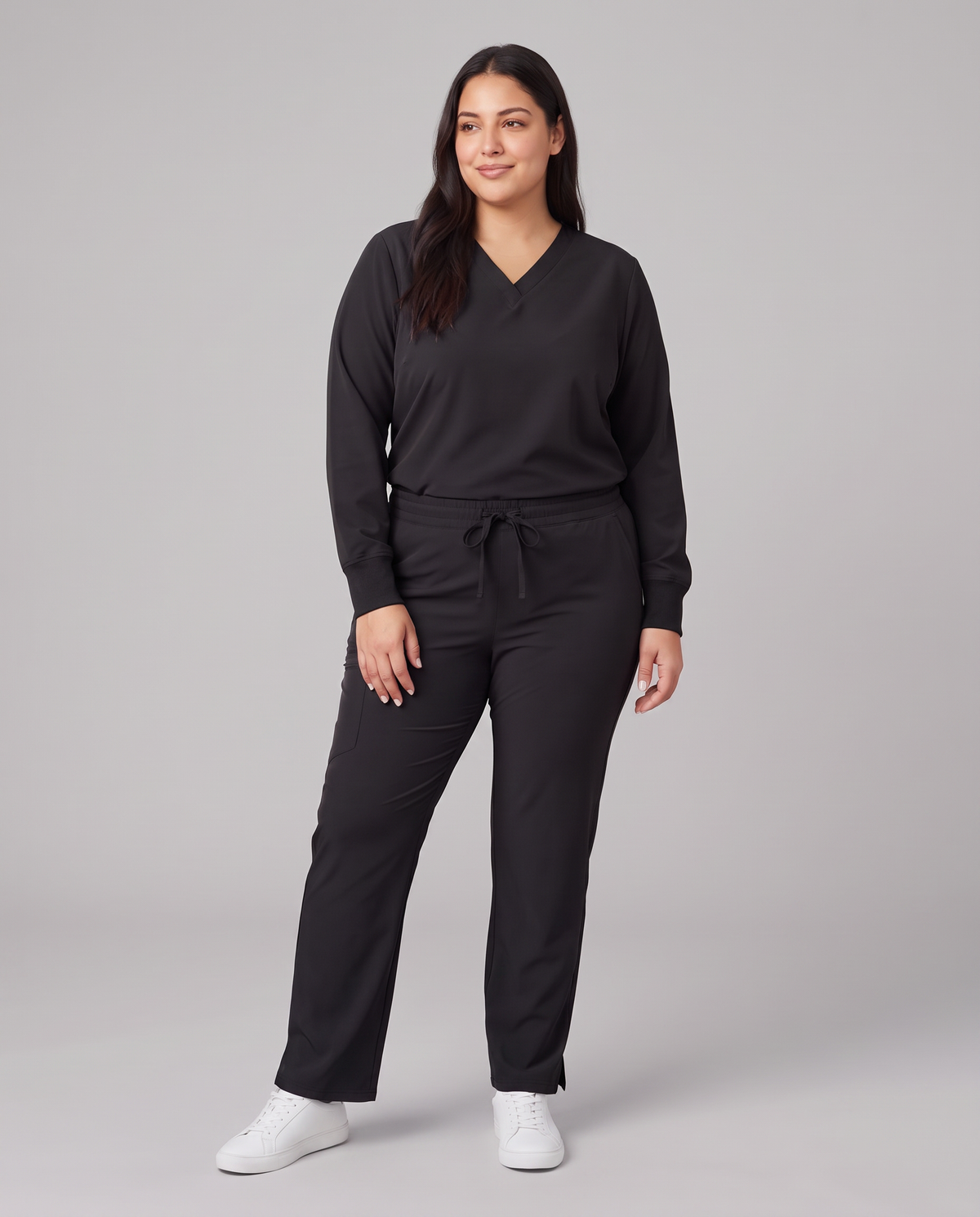 Long-Sleeve 6-Pocket V-neck Top Black
