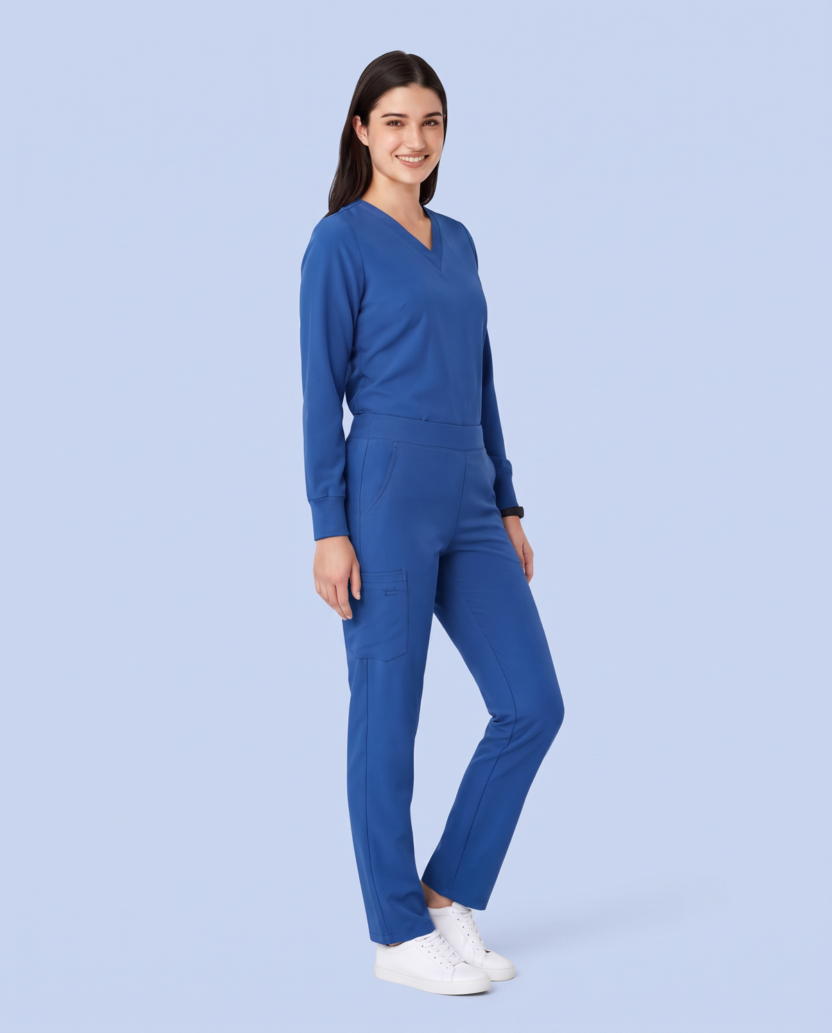 Long-Sleeve 6-Pocket V-neck Top Royal Blue
