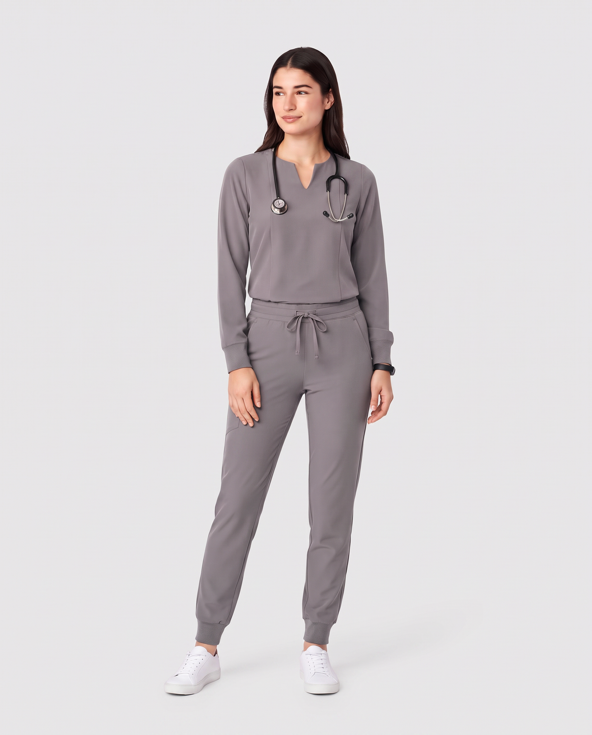 Long-Sleeve Notch Neck Top Heather Gray