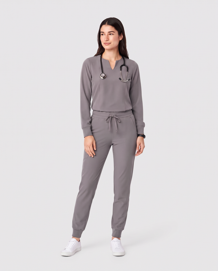 Long-Sleeve Notch Neck Top Heather Gray