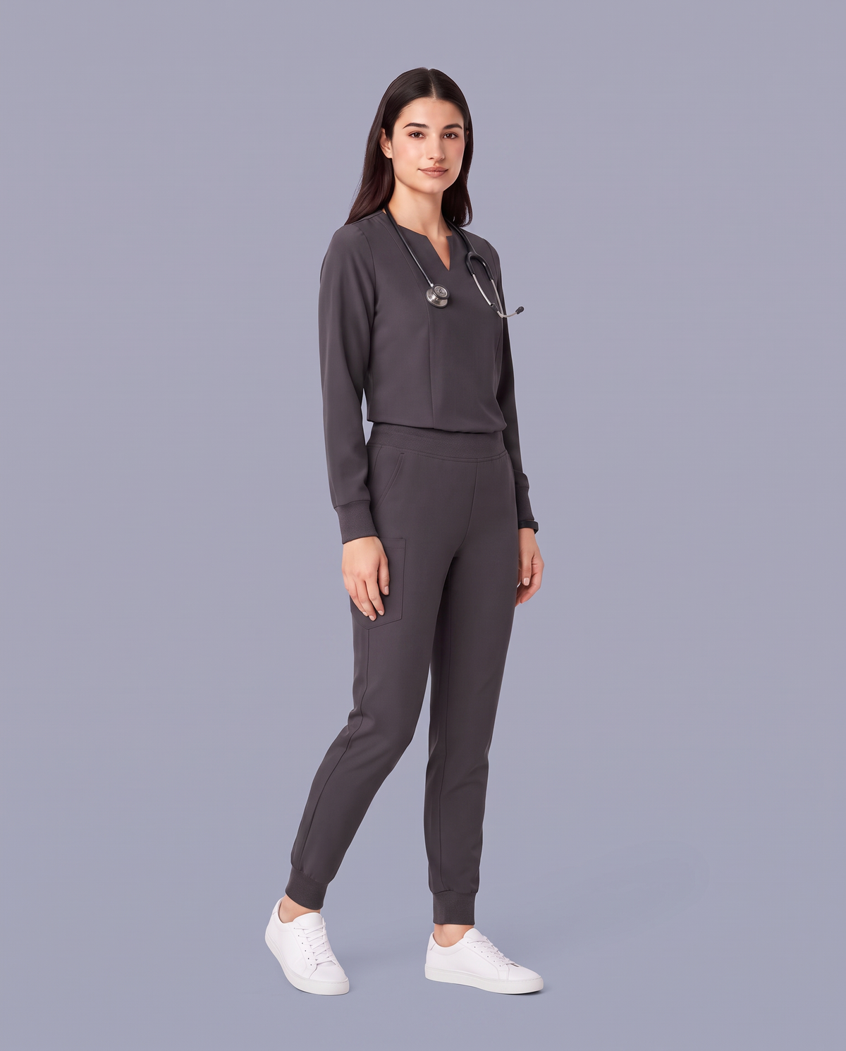 Long-Sleeve Notch Neck Top Pewter