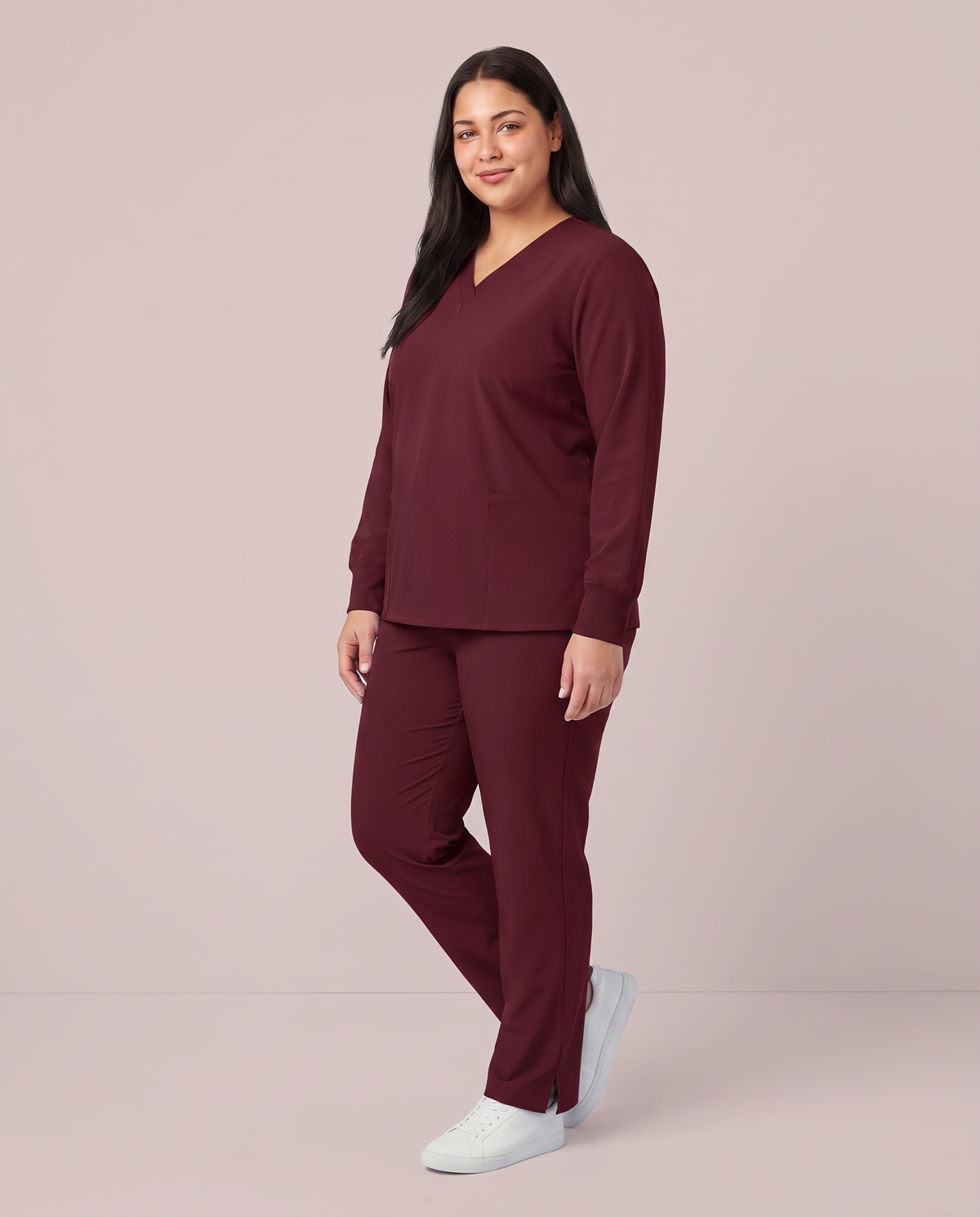 Long-Sleeve 6-Pocket V-neck Top Burgundy