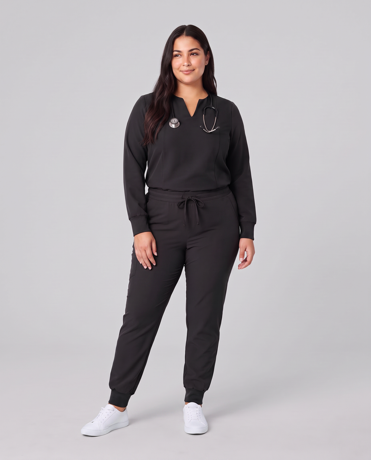 Long-Sleeve Notch Neck Top Black