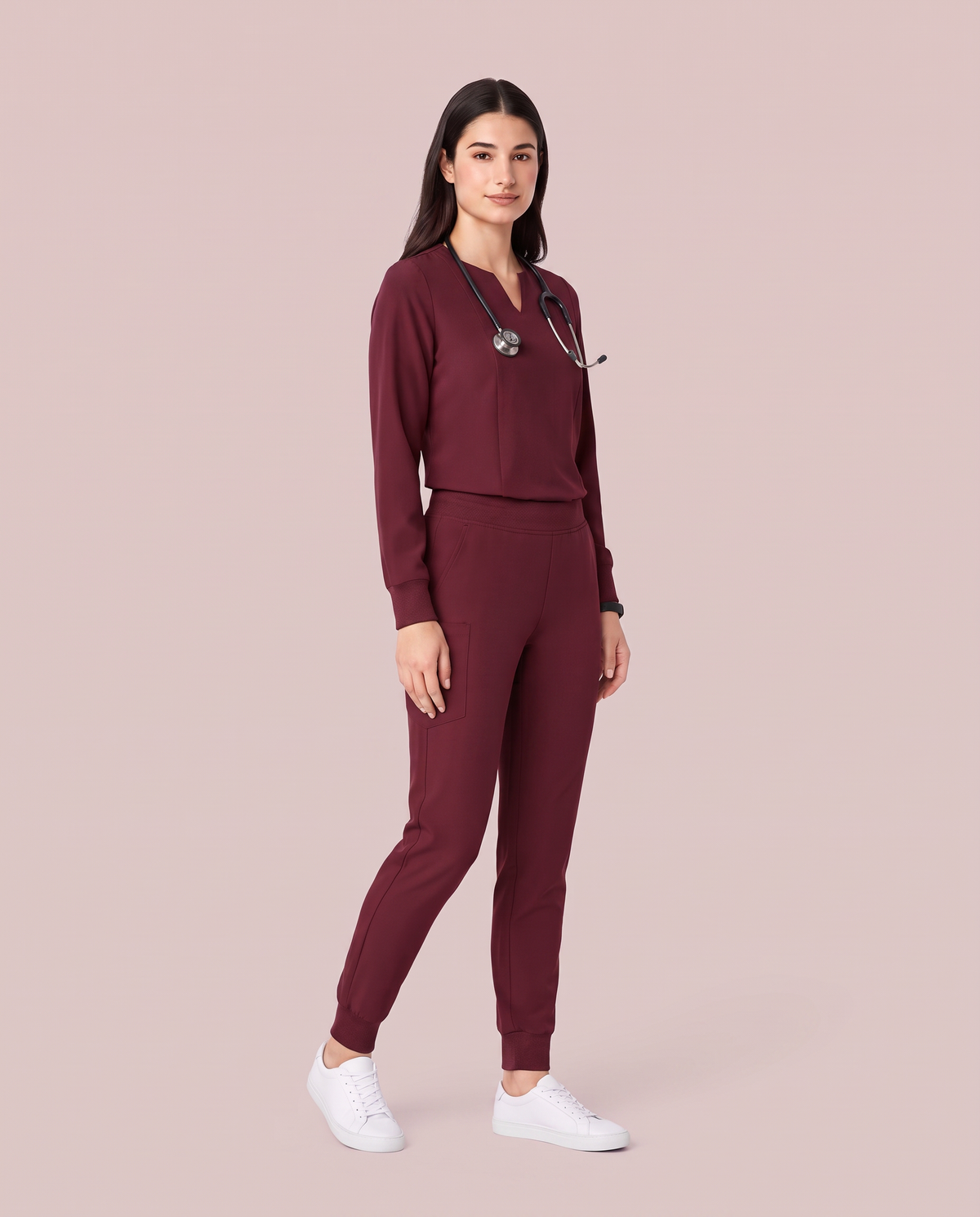 Long-Sleeve Notch Neck Top Burgundy