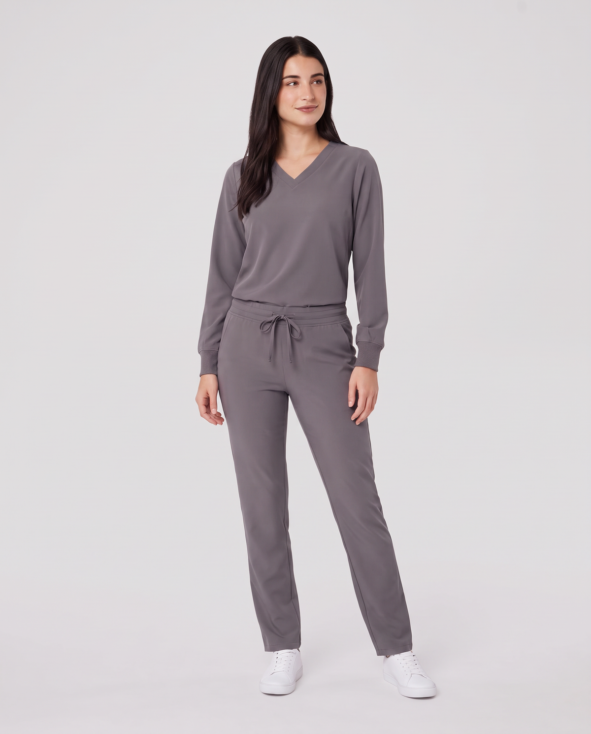Long-Sleeve 6-Pocket V-neck Top Heather Gray