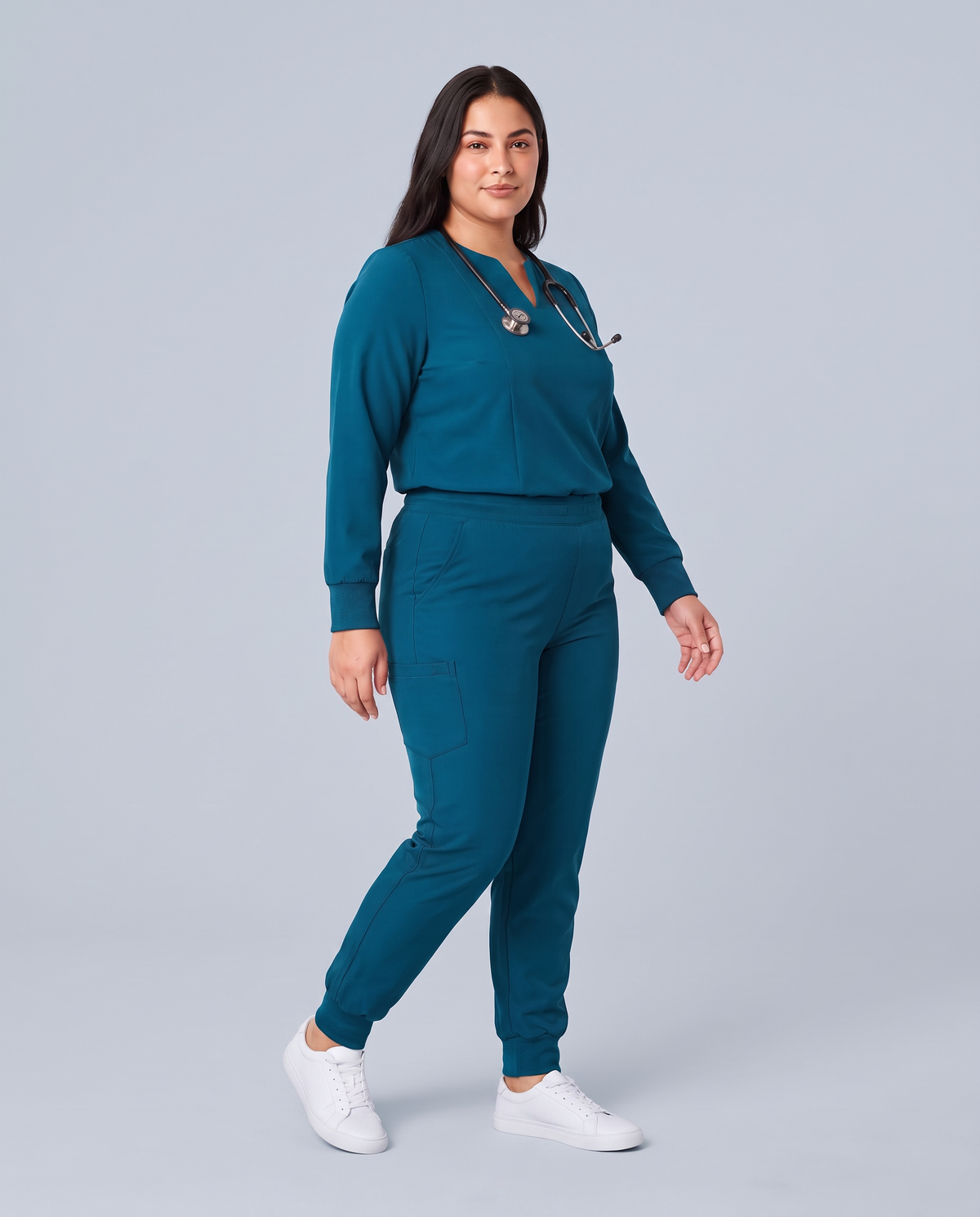 Long-Sleeve Notch Neck Top Caribbean Blue