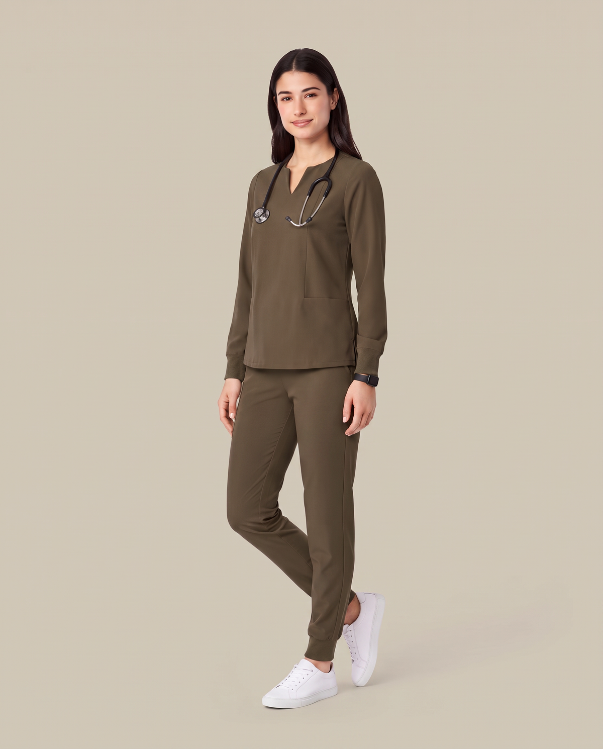 Long-Sleeve Notch Neck Top Olive