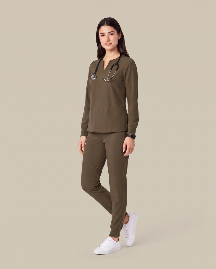 Long-Sleeve Notch Neck Top Olive