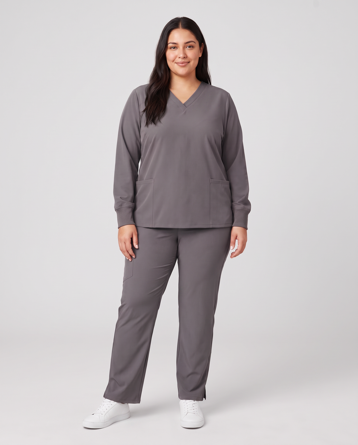 Long-Sleeve 6-Pocket V-neck Top Heather Gray