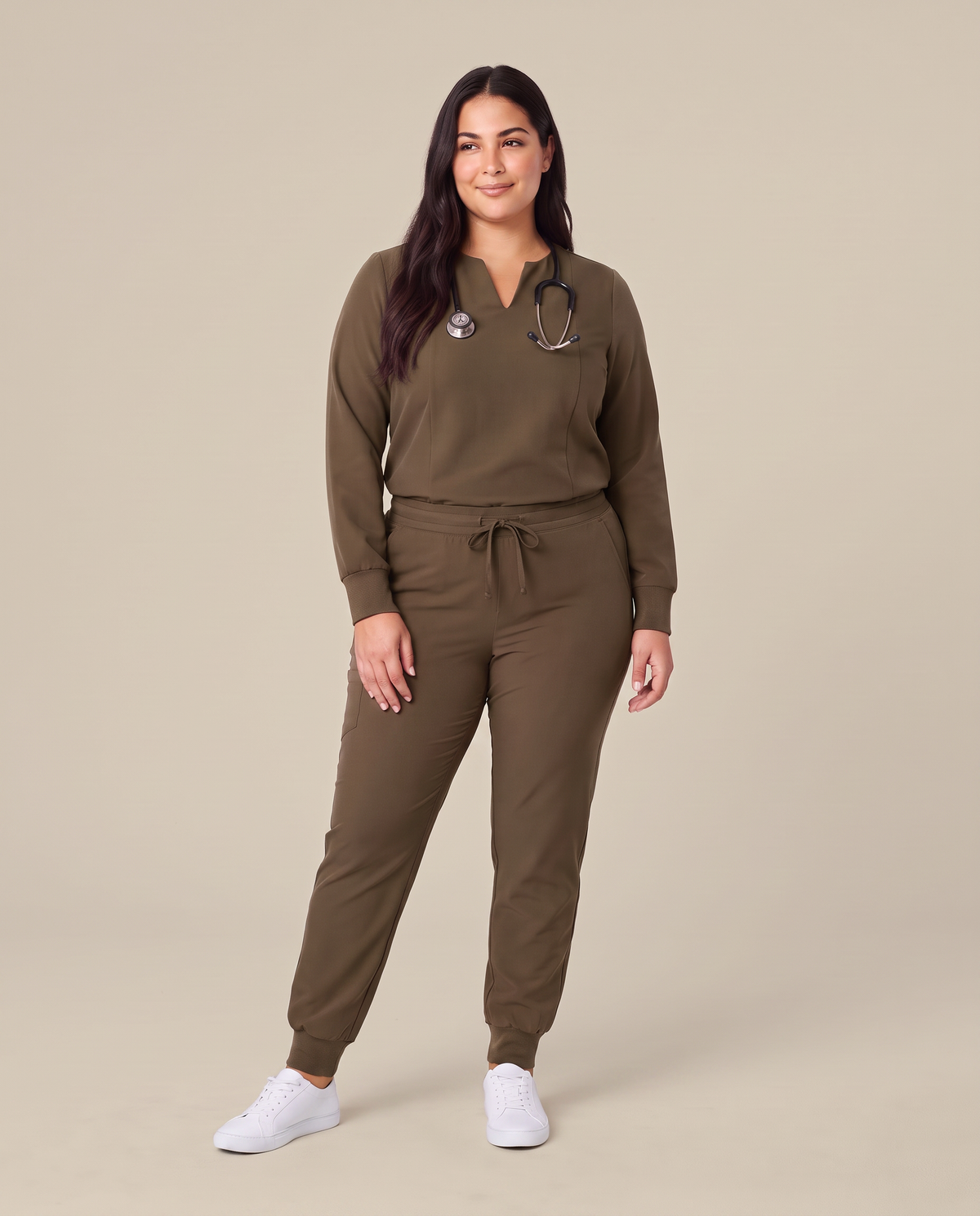 Long-Sleeve Notch Neck Top Olive