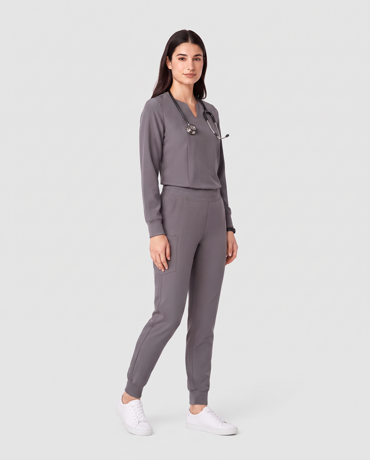 Long-Sleeve Notch Neck Top Heather Gray