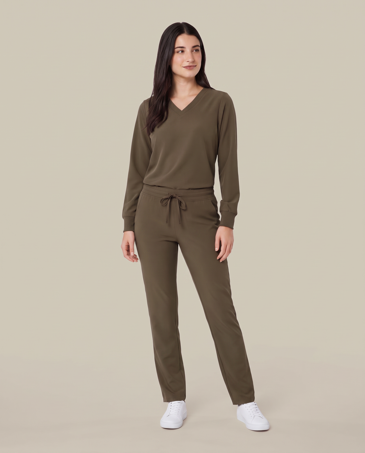 Long-Sleeve 6-Pocket V-neck Top Olive