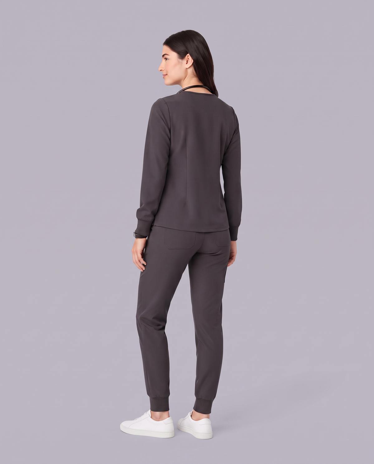 Long-Sleeve Notch Neck Top Pewter