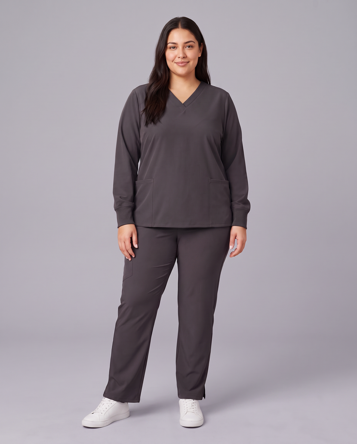 Long-Sleeve 6-Pocket V-neck Top Pewter