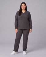 Long-Sleeve 6-Pocket V-neck Top Pewter