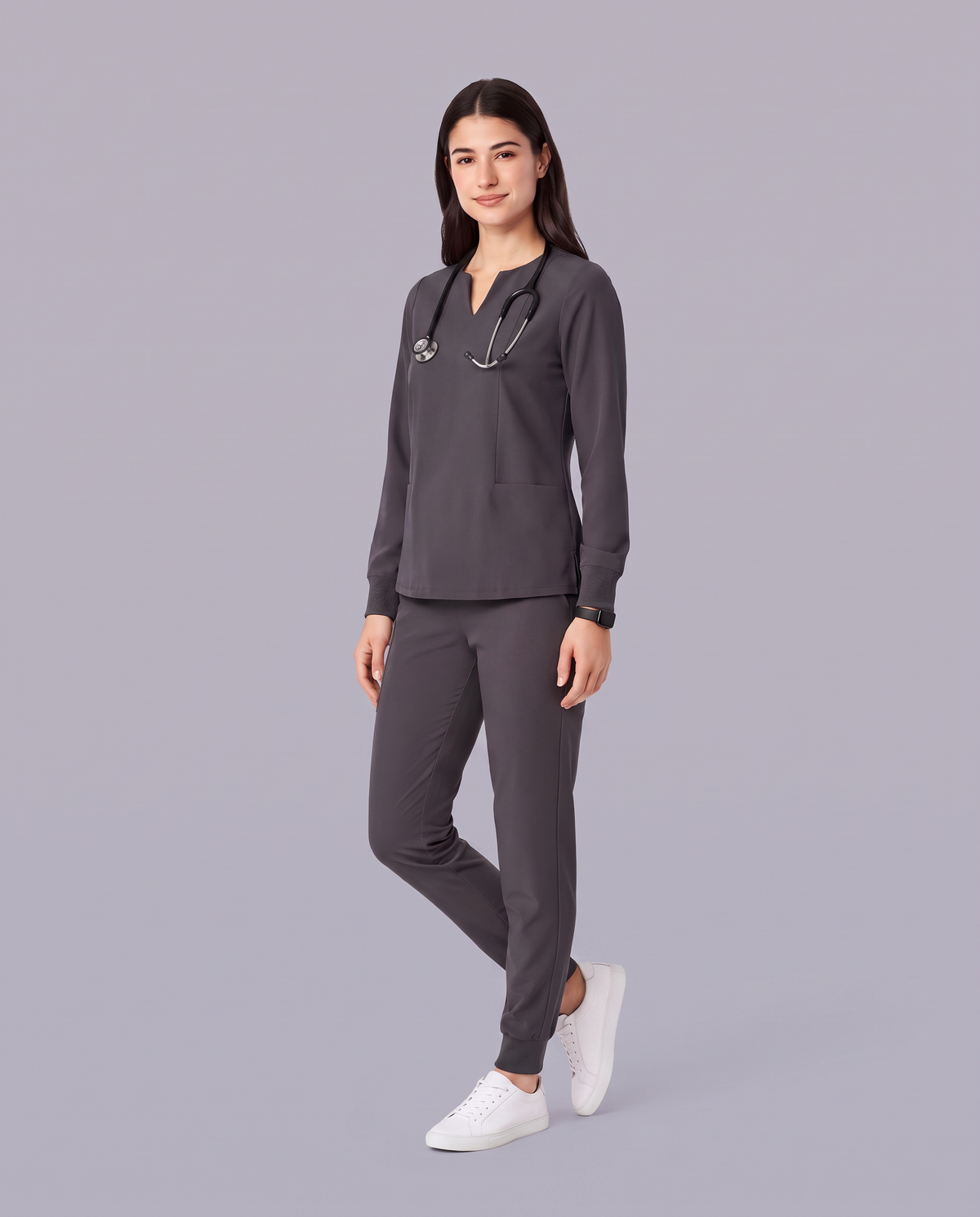 Long-Sleeve Notch Neck Top Pewter
