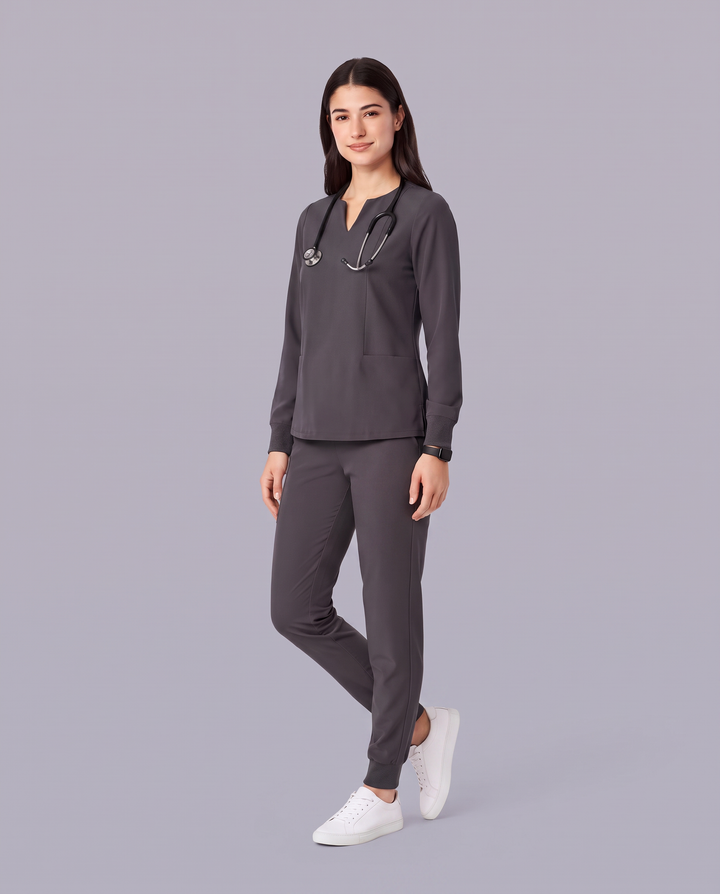 Long-Sleeve Notch Neck Top Pewter