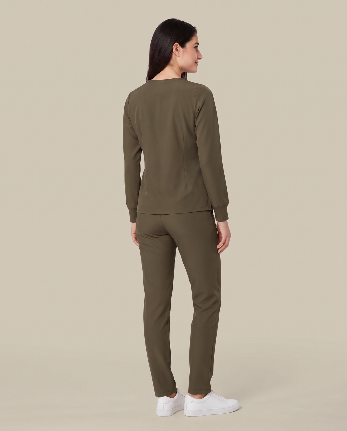 Long-Sleeve 6-Pocket V-neck Top Olive