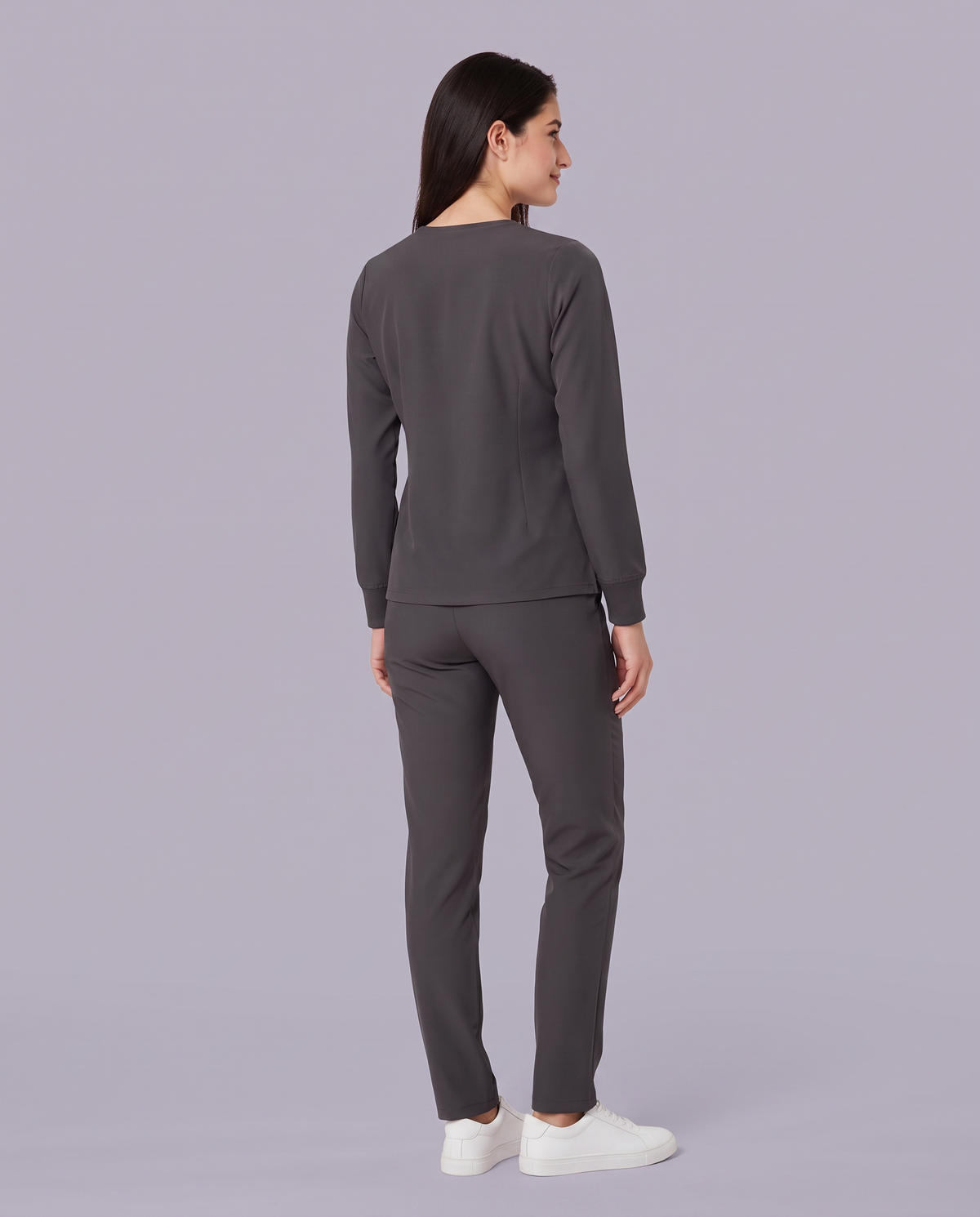 Long-Sleeve 6-Pocket V-neck Top Pewter