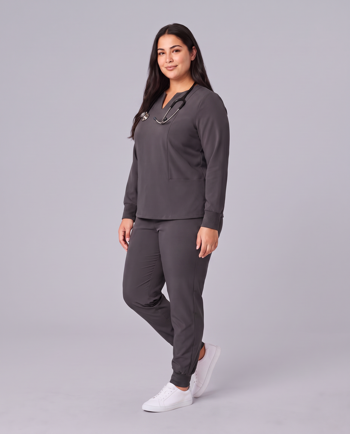Long-Sleeve Notch Neck Top Pewter
