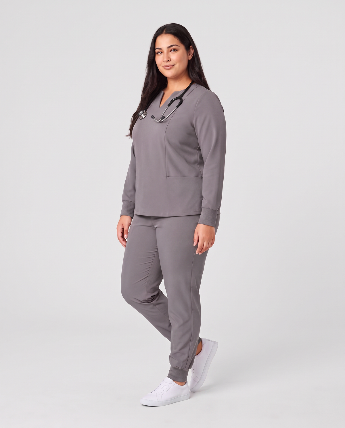 Long-Sleeve Notch Neck Top Heather Gray