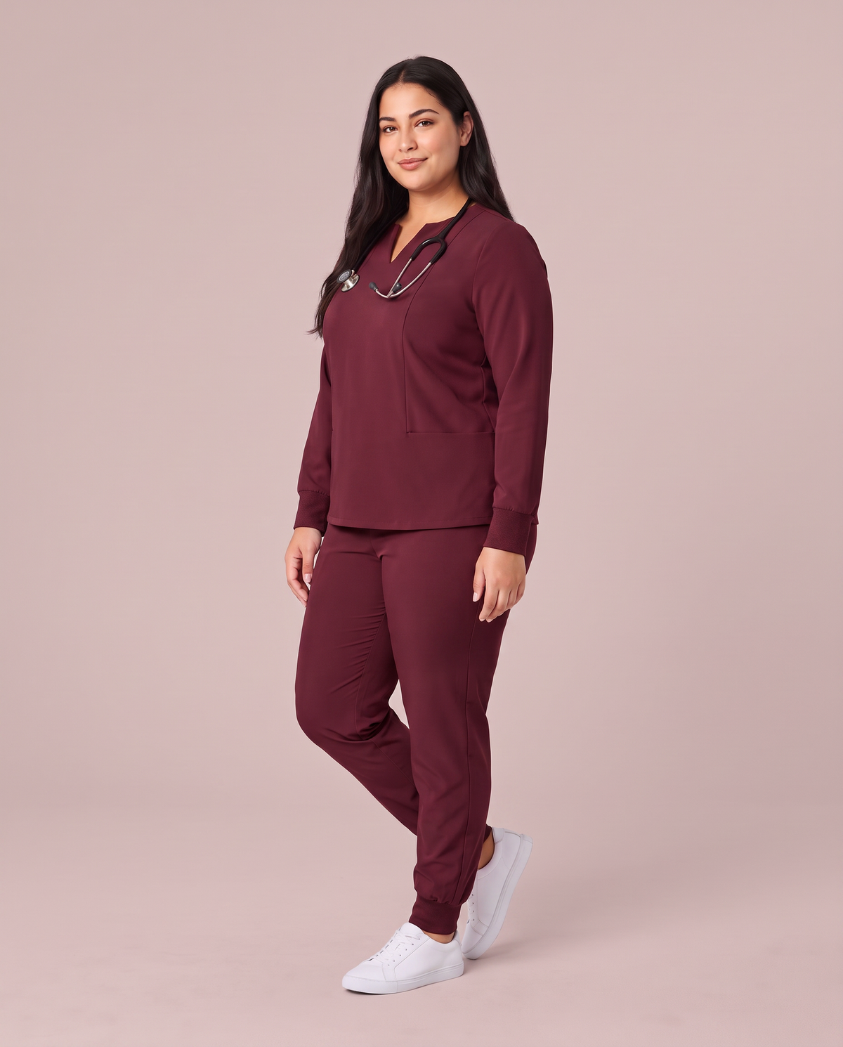 Long-Sleeve Notch Neck Top Burgundy