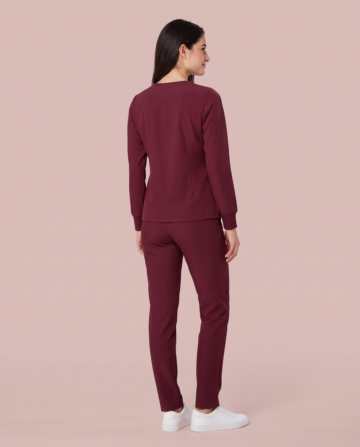 Long-Sleeve 6-Pocket V-neck Top Burgundy