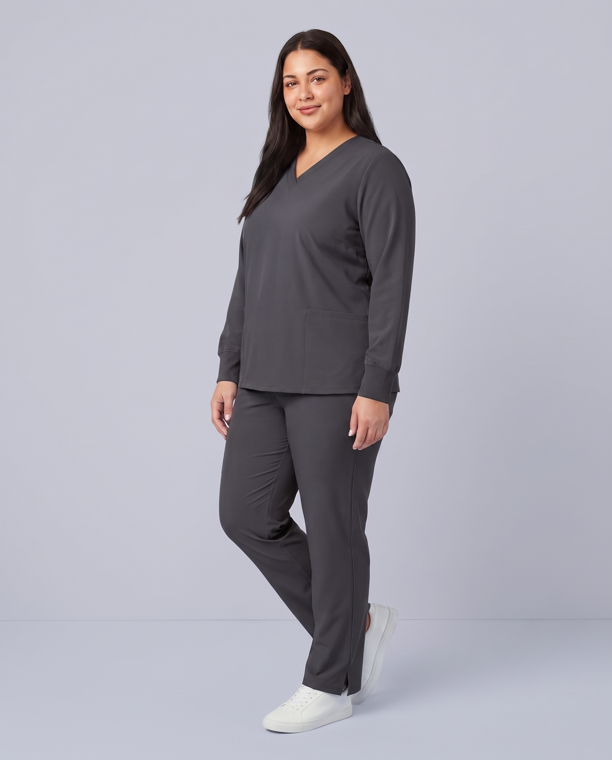 Long-Sleeve 6-Pocket V-neck Top Pewter