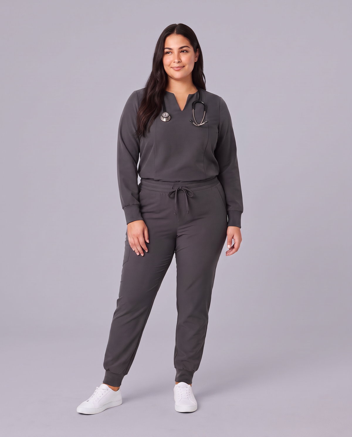 Long-Sleeve Notch Neck Top Pewter
