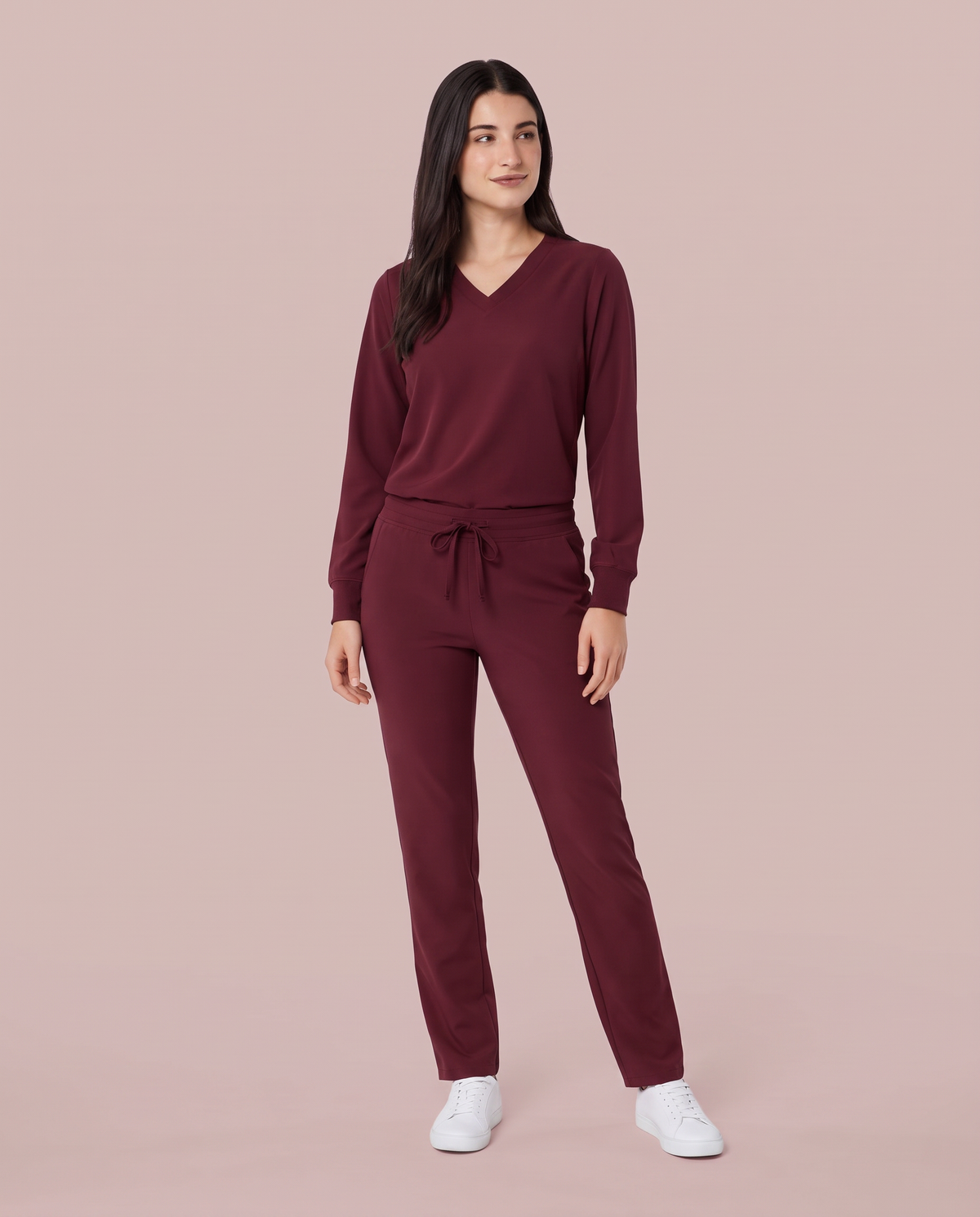 Long-Sleeve 6-Pocket V-neck Top Burgundy