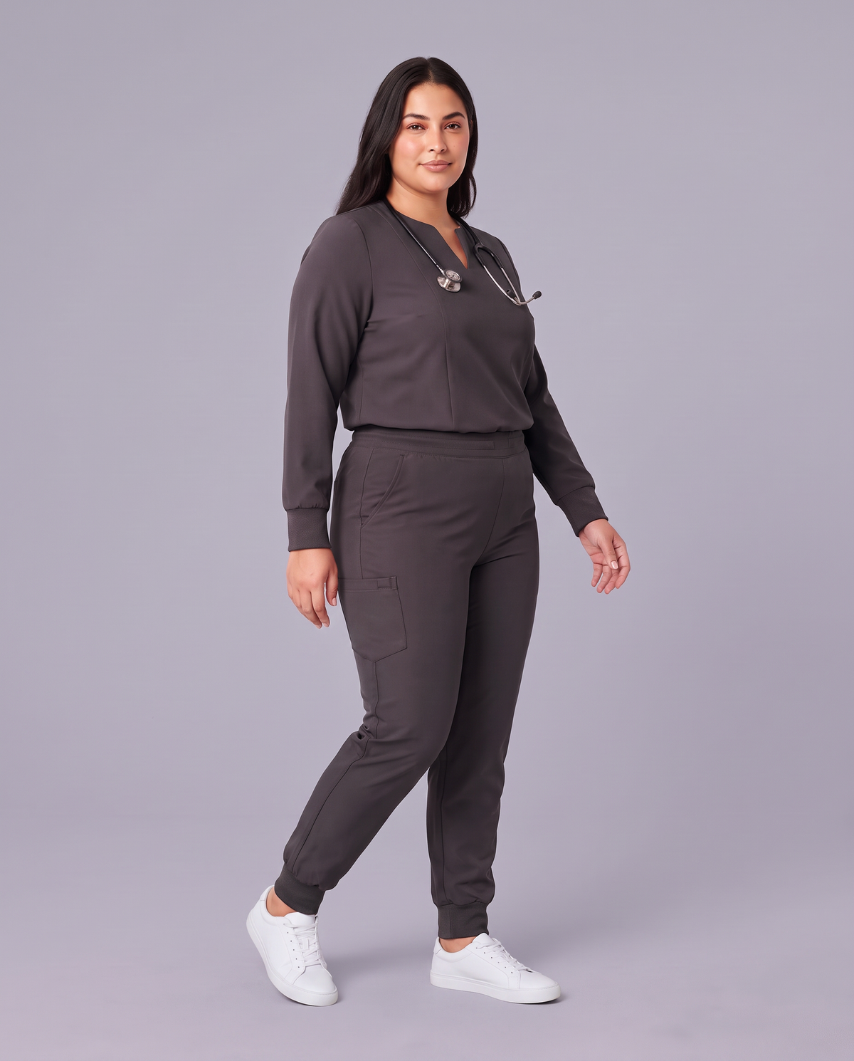 Long-Sleeve Notch Neck Top Pewter