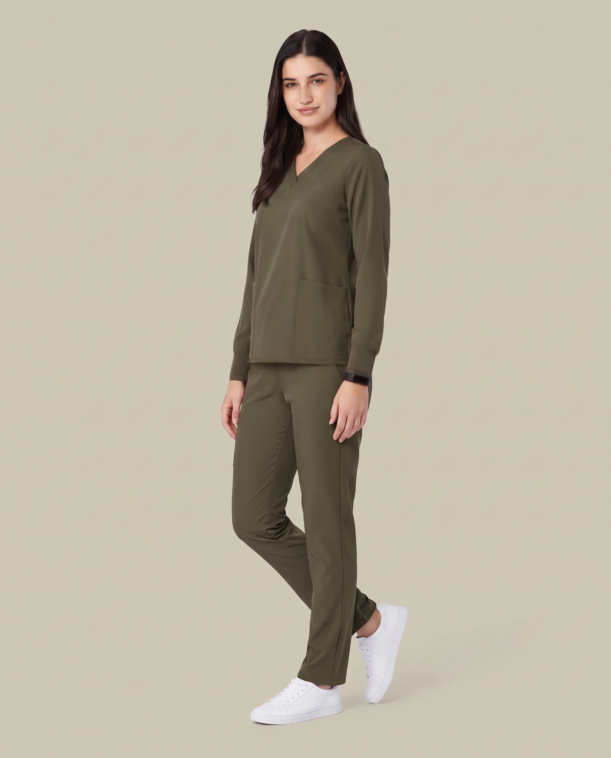 Long-Sleeve 6-Pocket V-neck Top Olive