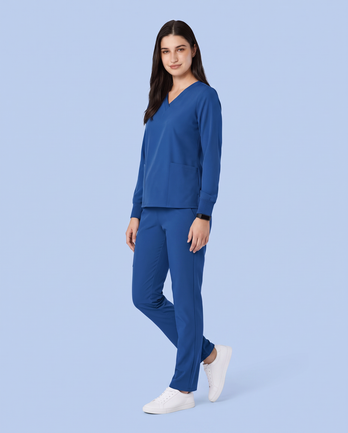 Long-Sleeve 6-Pocket V-neck Top Royal Blue