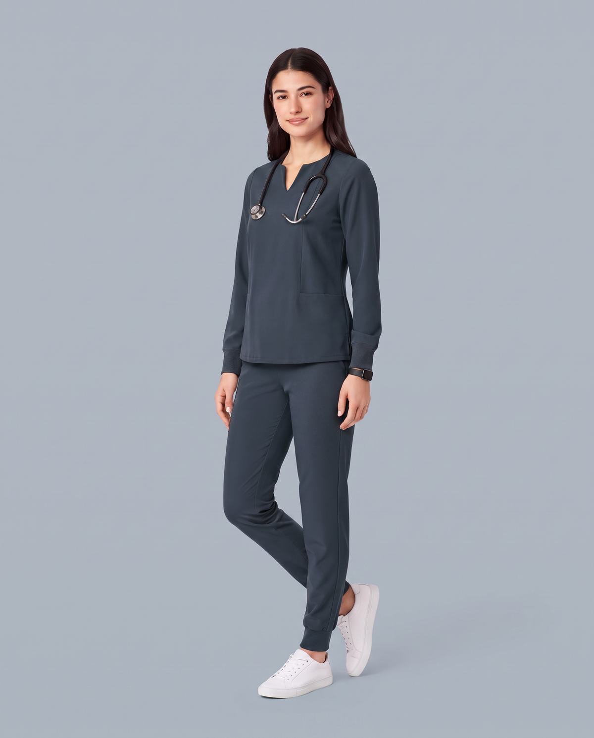 Long-Sleeve Notch Neck Top Dark Harbor