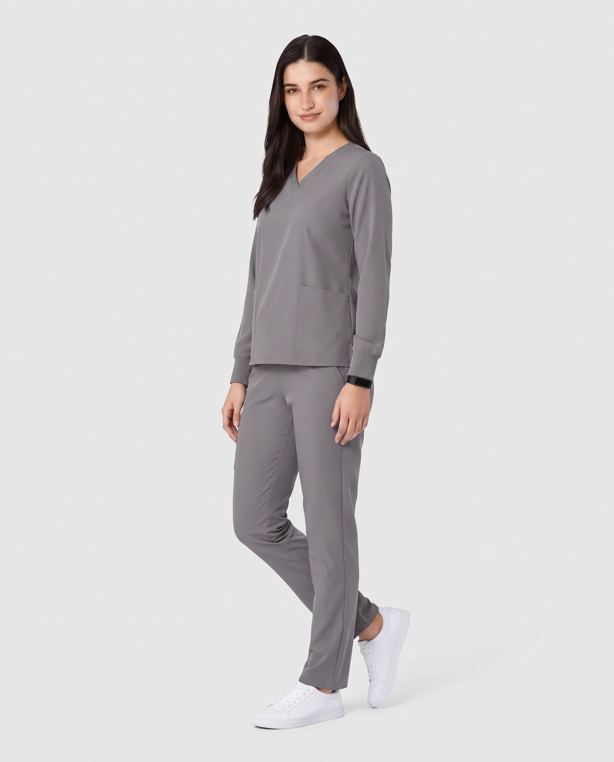 Long-Sleeve 6-Pocket V-neck Top Heather Gray