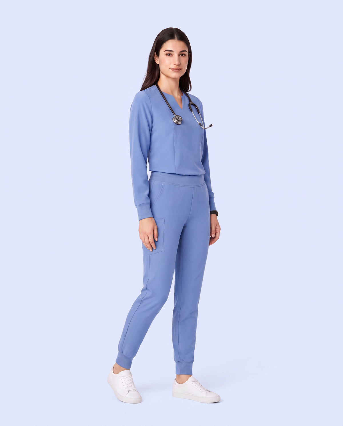 Long-Sleeve Notch Neck Top Ceil Blue